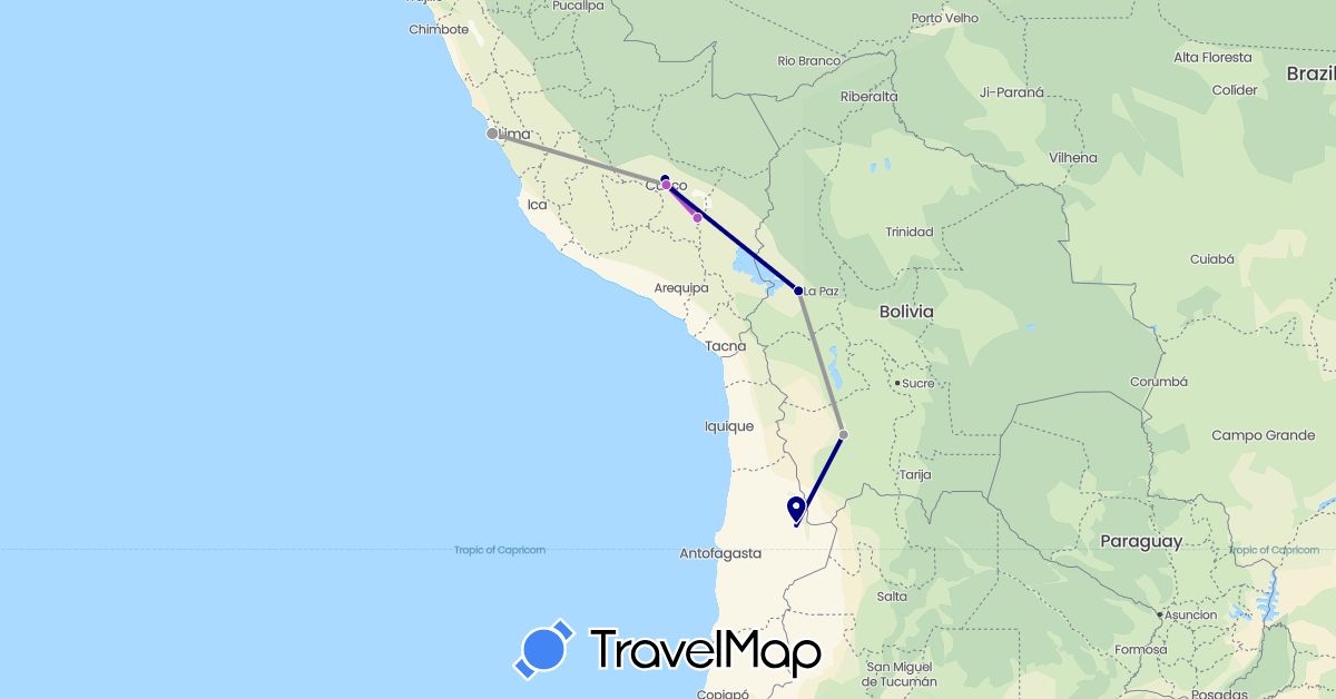 TravelMap itinerary: driving, plane, train in Bolivia, Chile, Peru (South America)